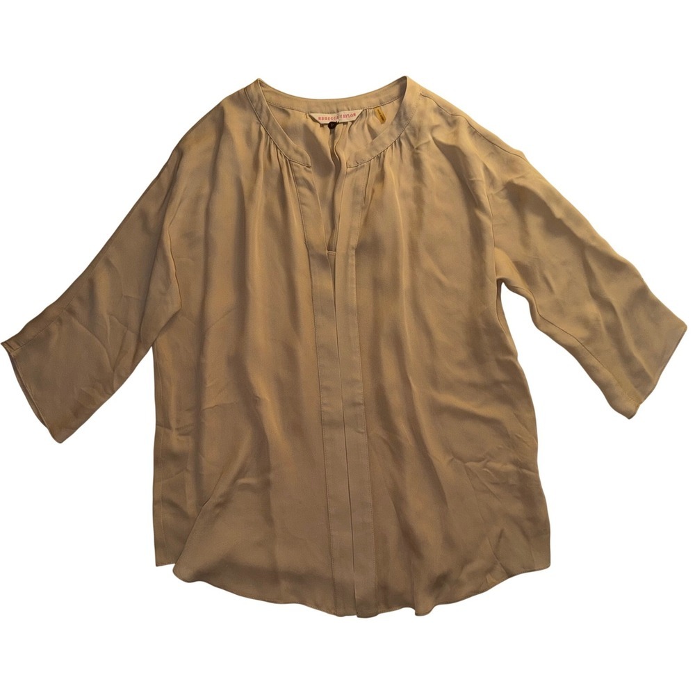Rebecca Taylor 100% Silk Blouse Sz 4 Small Capsule Tan Split Neck 3/4 Sleeve Top